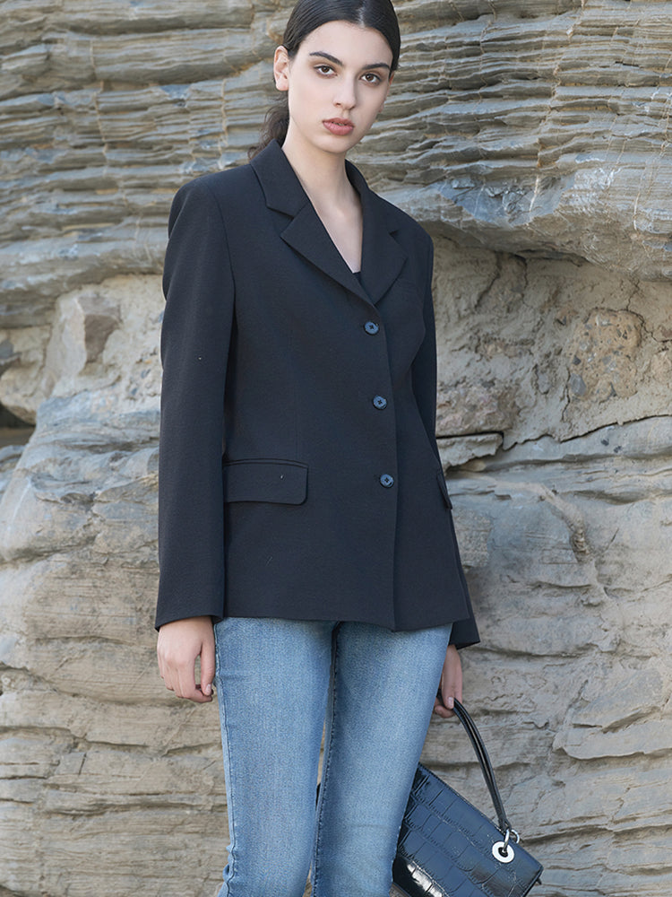 Black Polyester-Linen Stretch Blazer