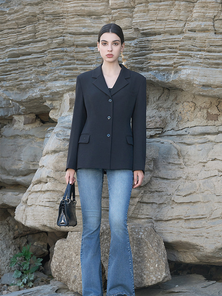 Black Polyester-Linen Stretch Blazer