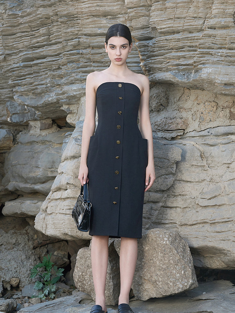 Black Poly-Linen Stretch Sheath Dress