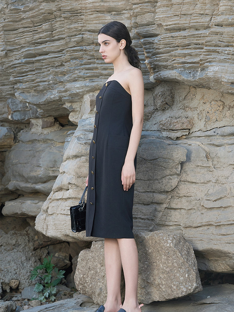 Black Poly-Linen Stretch Sheath Dress