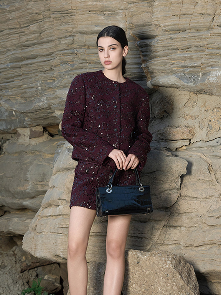 Burgundy A-Line Skirt with Gray Hardware