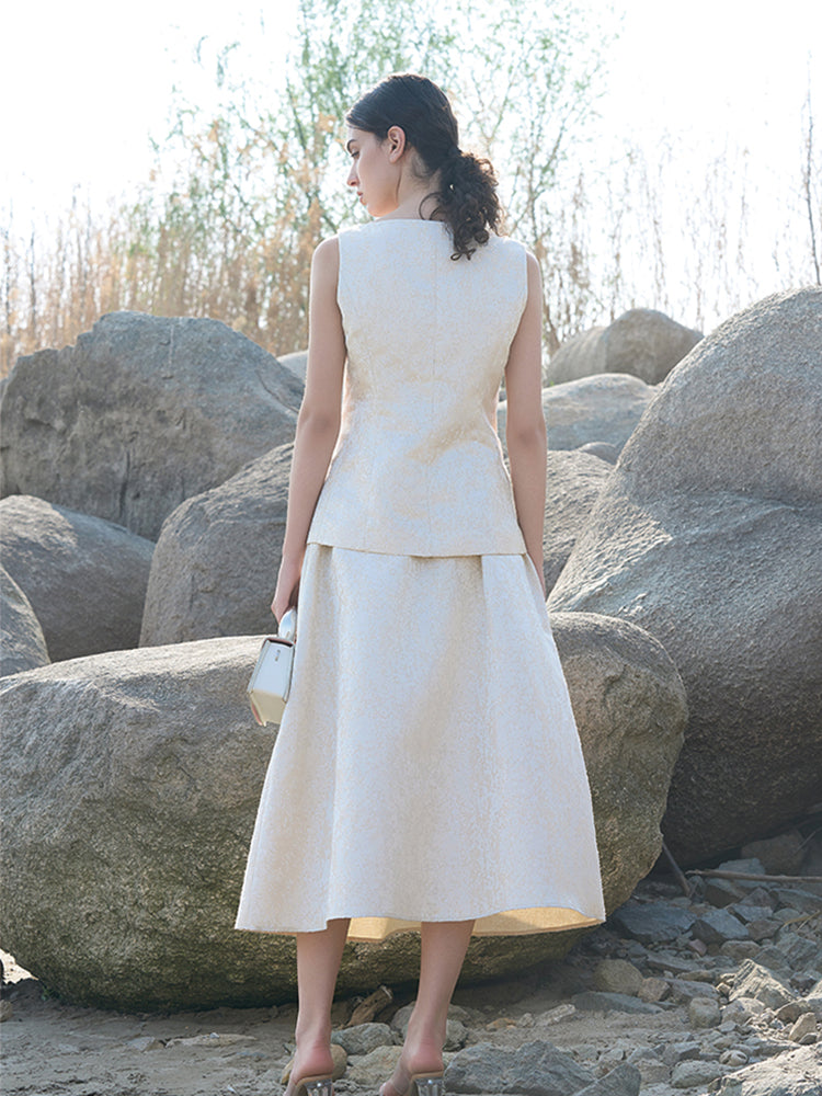 Beige Polyester Zip-Front Skirt