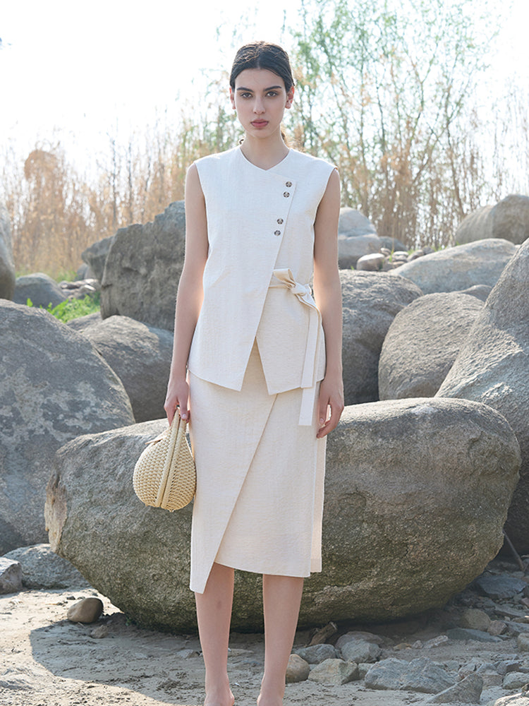 Beige Rayon-Nylon Blend Lined Vest