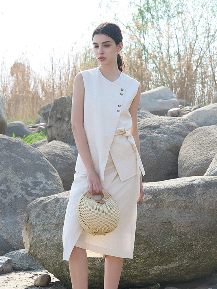 Beige Rayon-Nylon Blend Lined Skirt