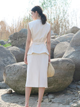 Beige Rayon-Nylon Blend Lined Skirt