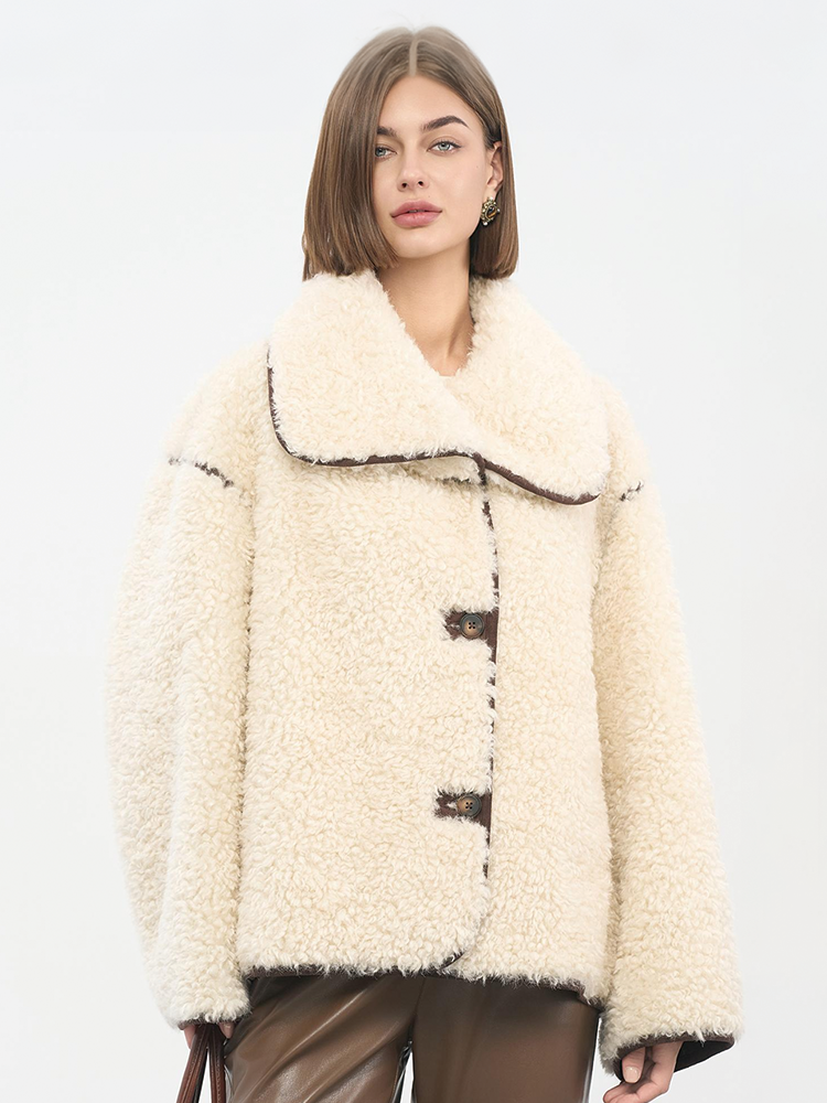 Women's Beige Lamb Wool Jacket | Cloud-Like Fleece & Hourglass Silhouette