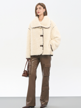 Women's Beige Lamb Wool Jacket | Cloud-Like Fleece & Hourglass Silhouette