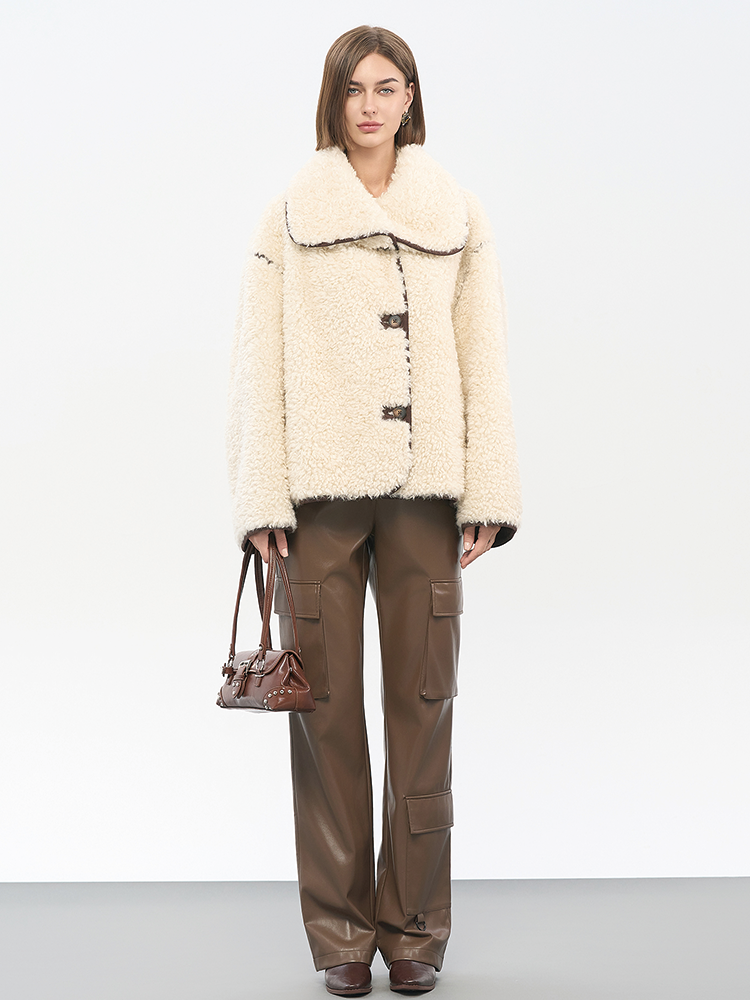 Women's Beige Lamb Wool Jacket | Cloud-Like Fleece & Hourglass Silhouette