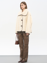 Women's Beige Lamb Wool Jacket | Cloud-Like Fleece & Hourglass Silhouette