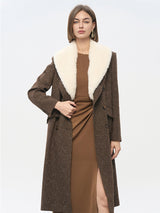 Brown Wool-Blend Trench Coat with Fur Collar