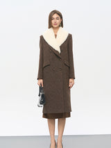 Brown Wool-Blend Trench Coat with Fur Collar