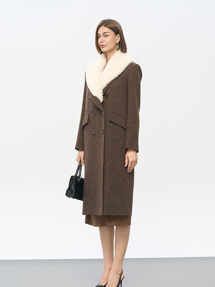 Brown Wool-Blend Trench Coat with Fur Collar