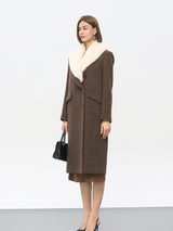 Brown Wool-Blend Trench Coat with Fur Collar