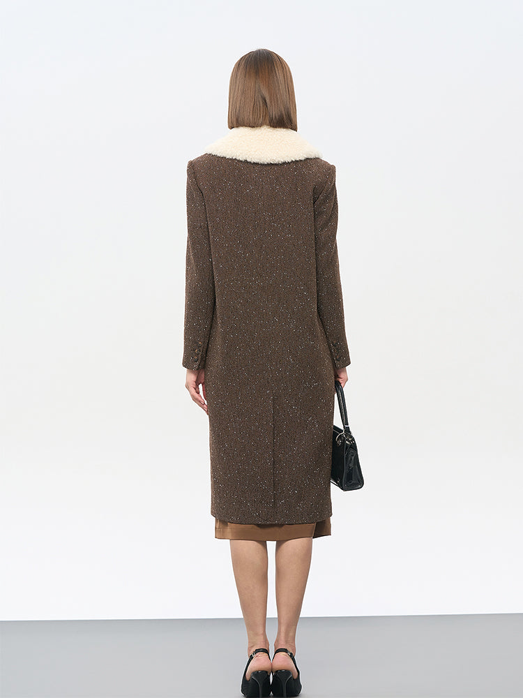 Brown Wool-Blend Trench Coat with Fur Collar