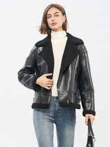 Women's Black PU Coated Biker Jacket | Integrated Faux Fur & Metal Hardware