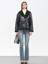 Women's Black PU Coated Biker Jacket | Integrated Faux Fur & Metal Hardware
