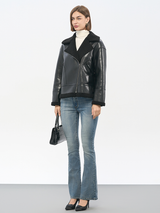 Women's Black PU Coated Biker Jacket | Integrated Faux Fur & Metal Hardware