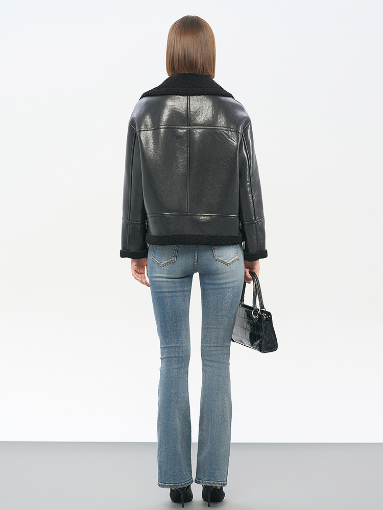 Women's Black PU Coated Biker Jacket | Integrated Faux Fur & Metal Hardware