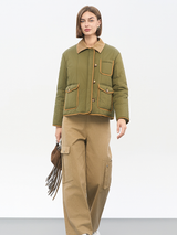 Women's Vintage Workwear Cotton Jacket | Corduroy Collar & Multi-Pocket Design