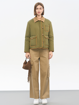 Women's Vintage Workwear Cotton Jacket | Corduroy Collar & Multi-Pocket Design