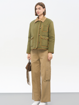 Women's Vintage Workwear Cotton Jacket | Corduroy Collar & Multi-Pocket Design