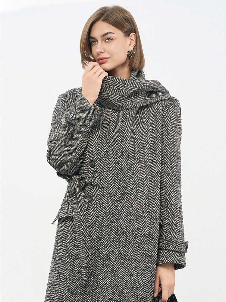 Black & White Check Wool-Blend Recycled Fabric Double-Breasted Coat