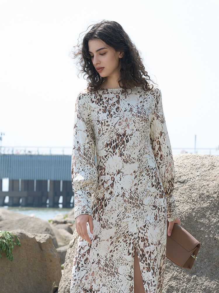 Khaki Floral Print Rayon Maxi Dress