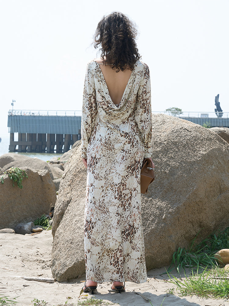 Khaki Floral Print Rayon Maxi Dress