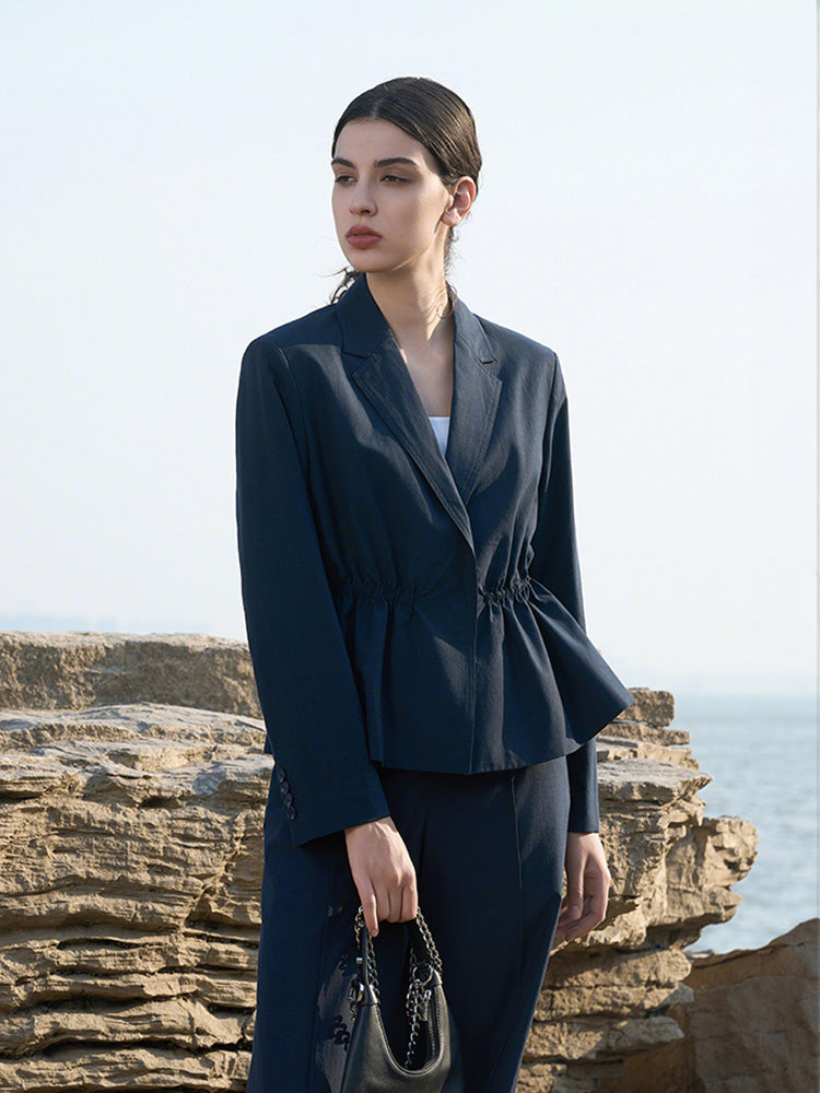 Navy Tailored Blazer with Waist Drawstring