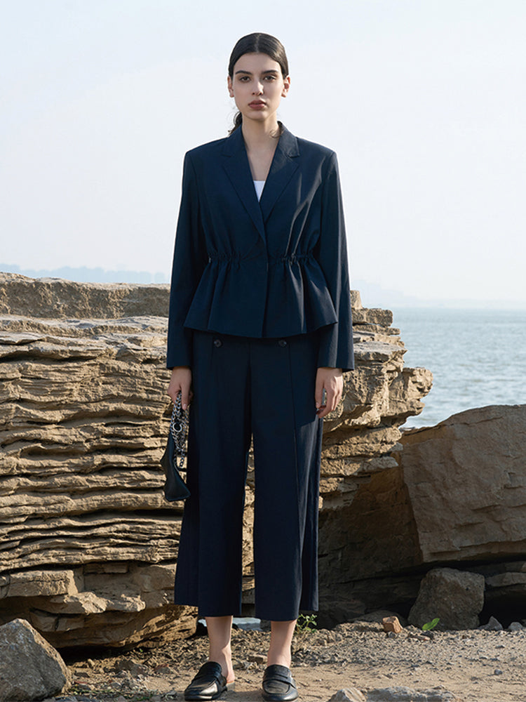 Navy Tailored Blazer with Waist Drawstring