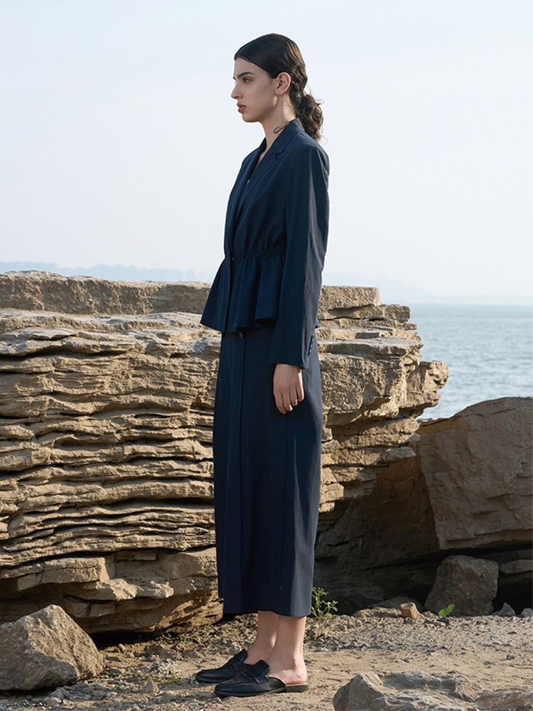 Navy Tailored Blazer with Waist Drawstring