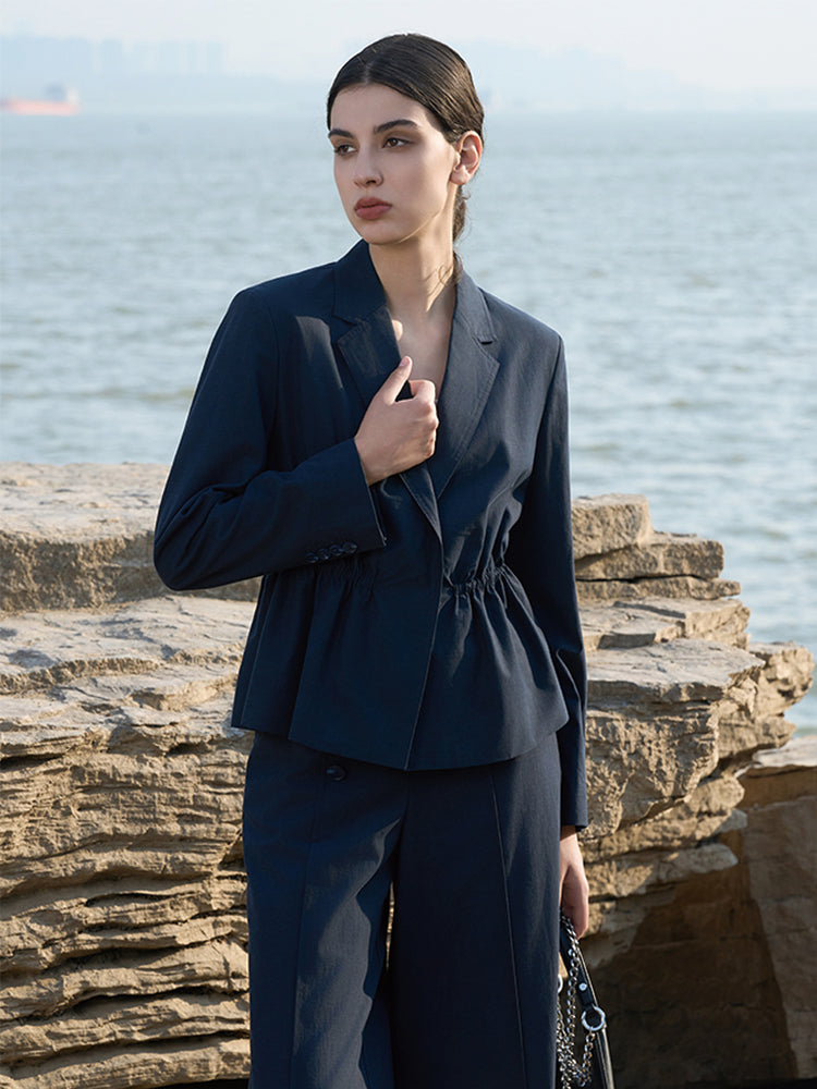 Navy Tailored Blazer with Waist Drawstring