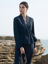 Navy Wide-Leg Trousers with Gun Metal Hardware