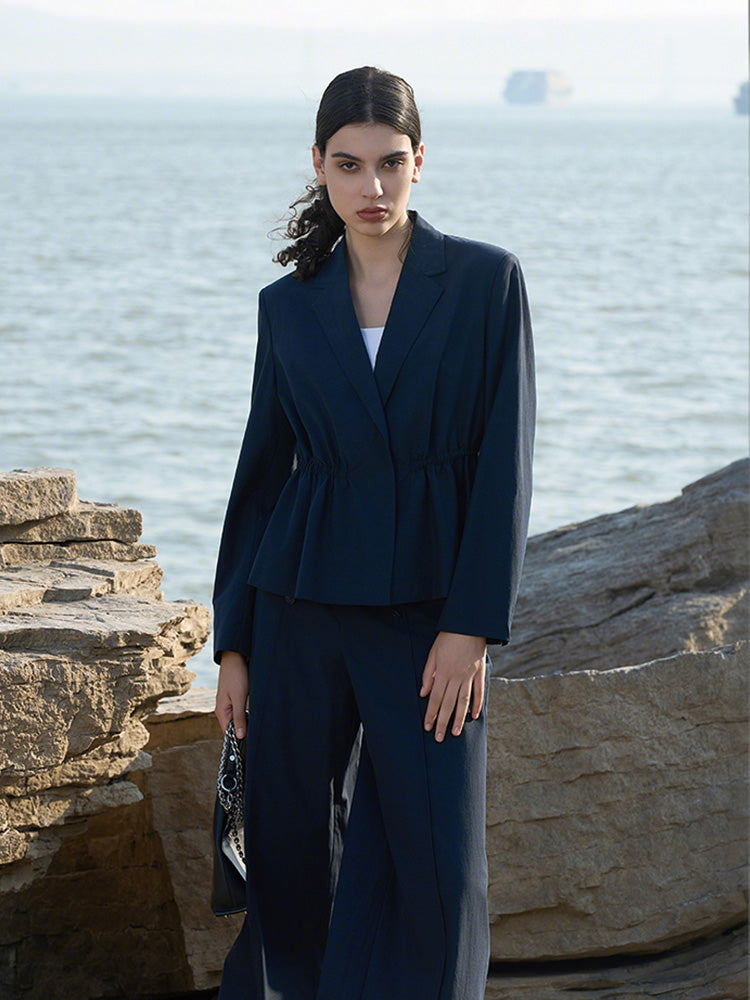 Navy Wide-Leg Trousers with Gun Metal Hardware