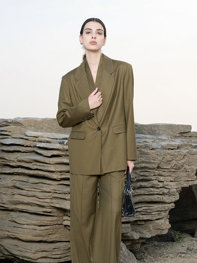 Olive Green Wool-Blend Structured Blazer