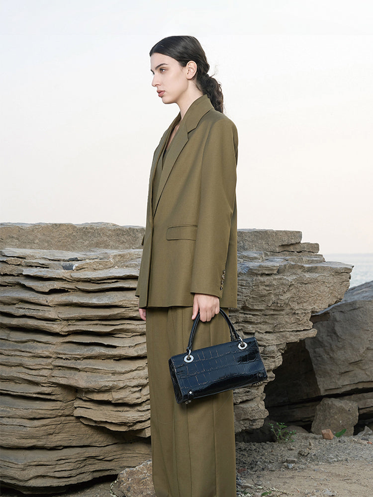 Olive Green Wool-Blend Structured Blazer