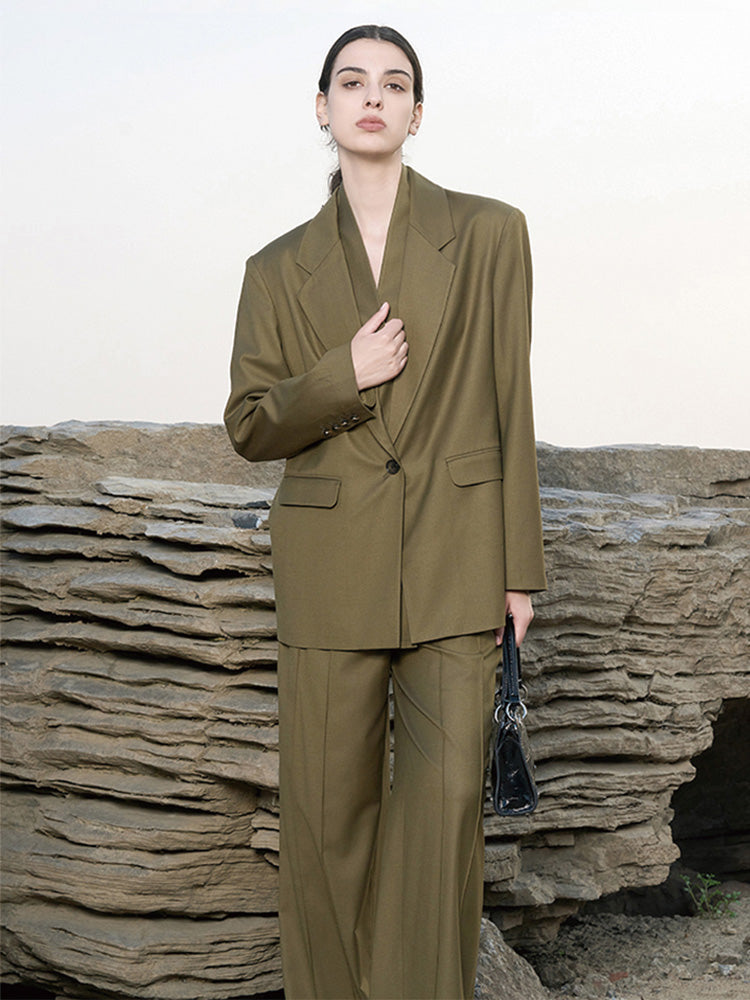 Olive Green Wool-Blend Structured Trousers