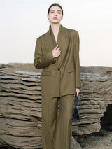 Olive Green Wool-Blend Structured Trousers