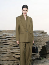 Olive Green Wool-Blend Structured Trousers