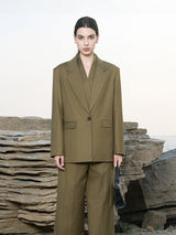 Olive Green Wool-Blend Structured Trousers