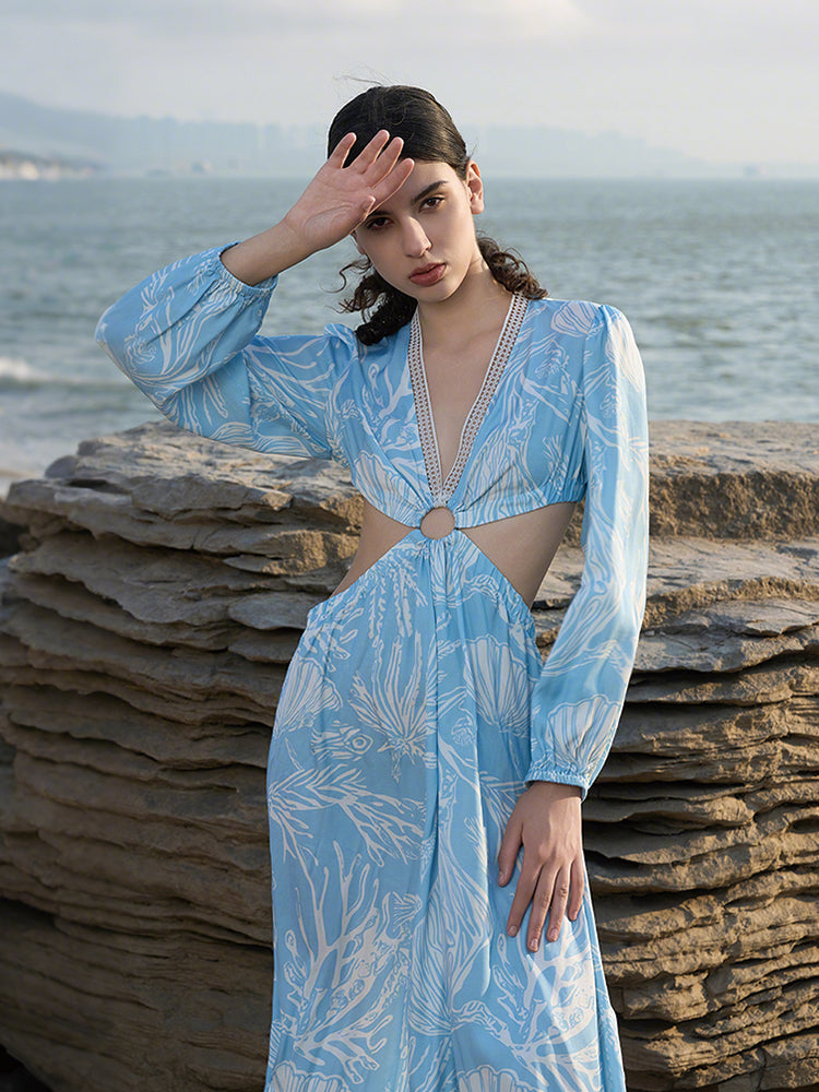 Light Blue Viscose Blend Dress with Detachable Metal Ring