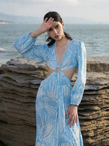 Light Blue Viscose Blend Dress with Detachable Metal Ring