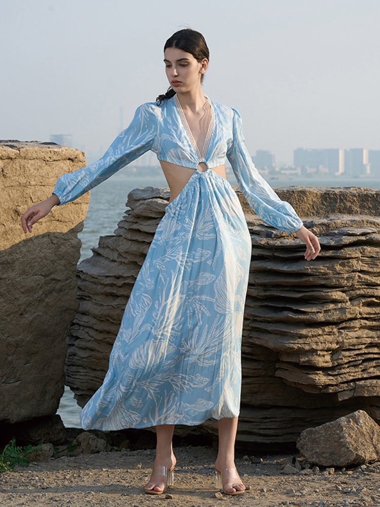 Light Blue Viscose Blend Dress with Detachable Metal Ring