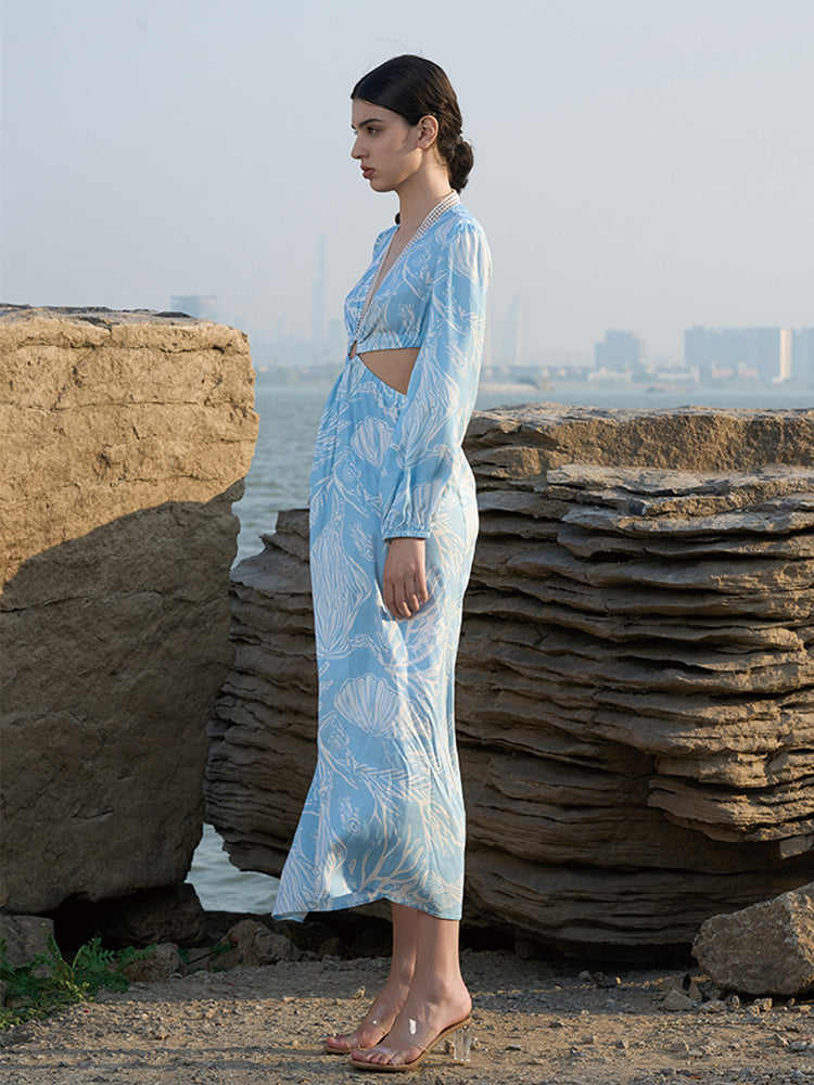 Light Blue Viscose Blend Dress with Detachable Metal Ring