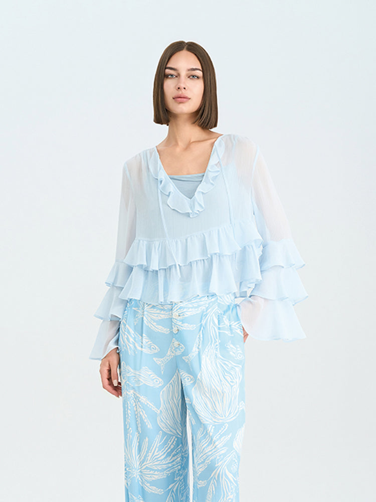 Light Blue Rayon-Viscose Wide Leg Pants