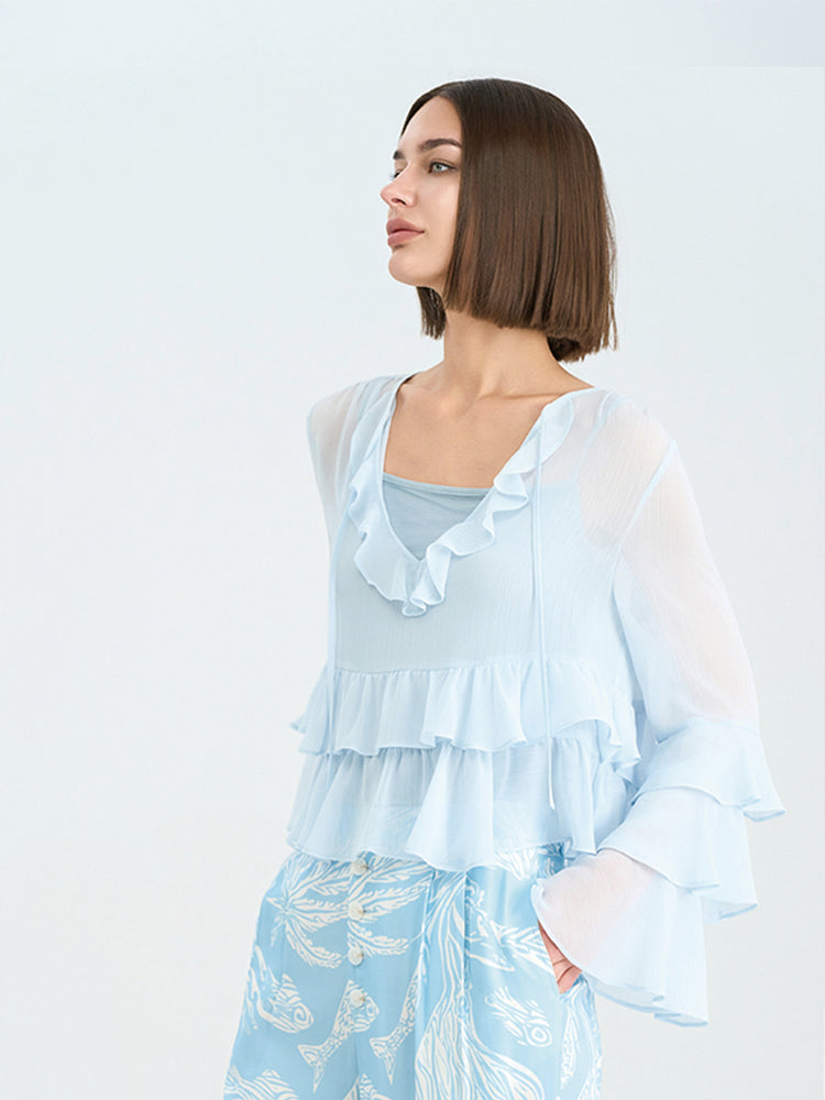 Light Blue Rayon-Viscose Wide Leg Pants