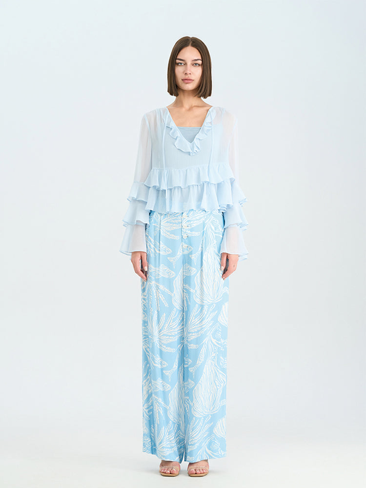 Light Blue Rayon-Viscose Wide Leg Pants