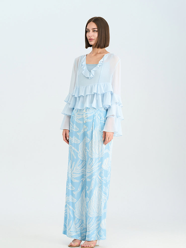 Light Blue Rayon-Viscose Wide Leg Pants