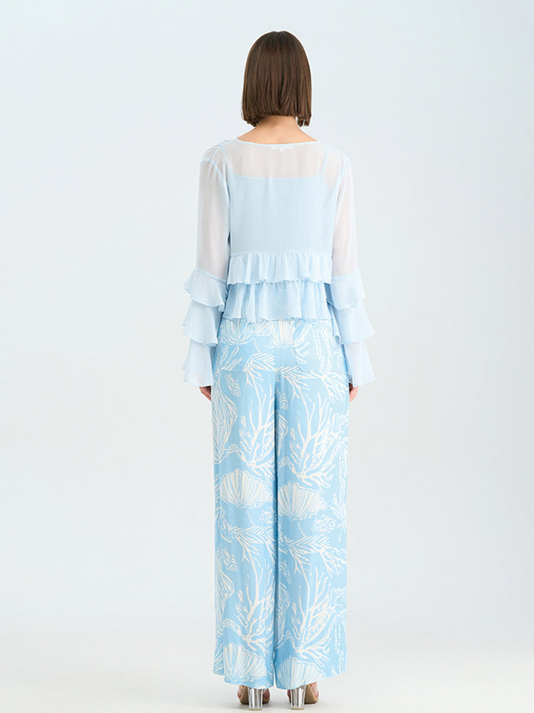 Light Blue Rayon-Viscose Wide Leg Pants