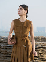Khaki Utility Stretch Midi Dress with D-Ring Detail